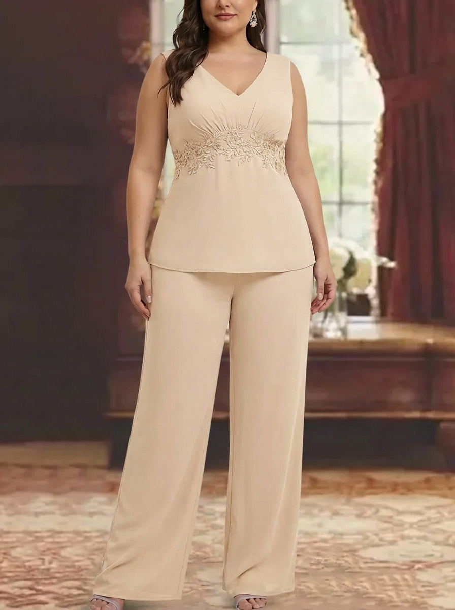 Ensemble pantalon mère de la mariée taille plus mousseline col V, manches 3/4, veste, dentelle appliques, longueur cheville