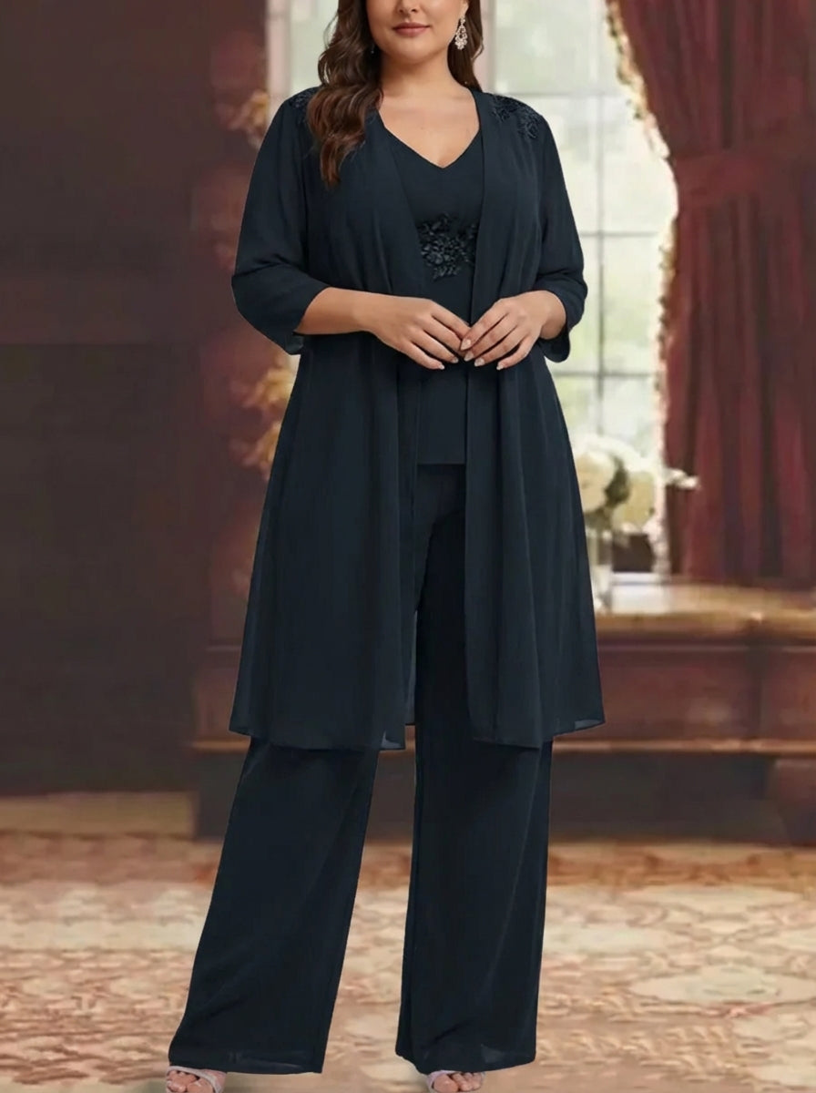 Ensemble pantalon mère de la mariée taille plus mousseline col V, manches 3/4, veste, dentelle appliques, longueur cheville
