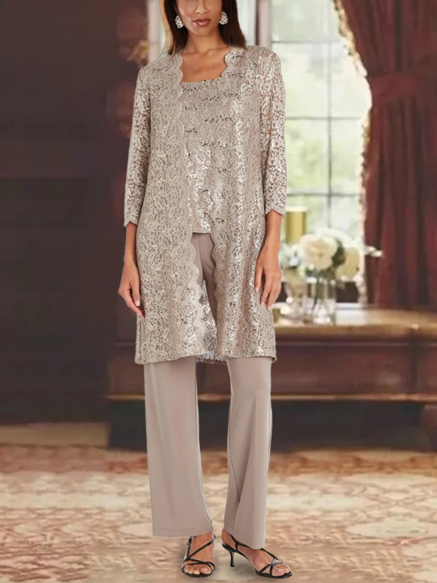 Ensemble pantalon mère de la mariée mousseline col rond, manches 3/4, veste dentelle, longueur cheville