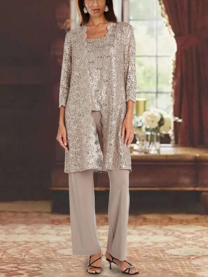 Ensemble pantalon mère de la mariée mousseline col rond, manches 3/4, veste dentelle, longueur cheville