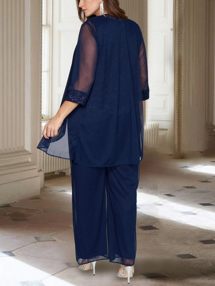 Ensemble pantalon mère de la mariée mousseline col ras du cou, manches 3/4, veste, longueur cheville