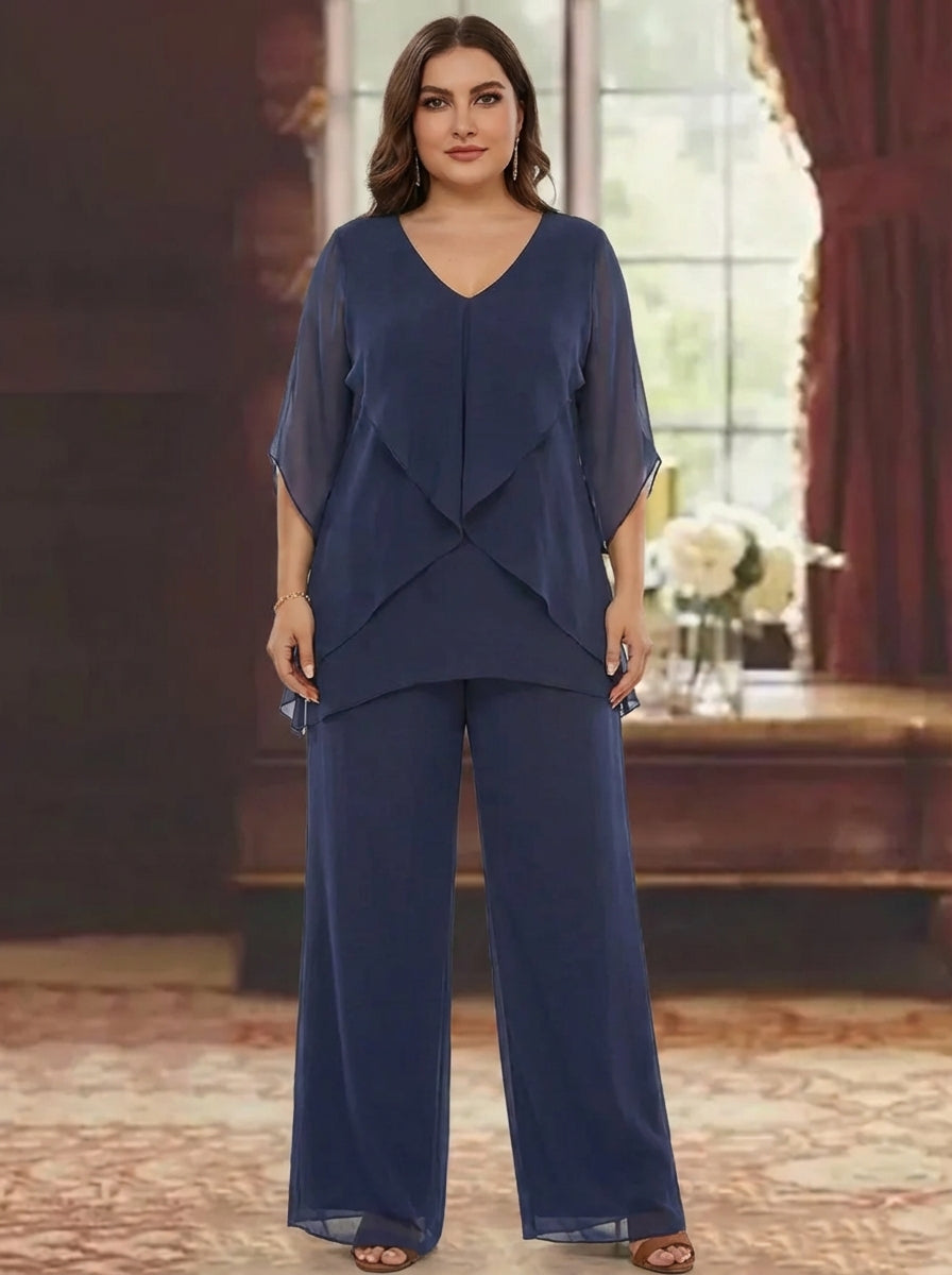 Ensemble pantalon 2 pièces taille plus mère de la mariée, mousseline col V, volants, manches mi-longues, longueur cheville