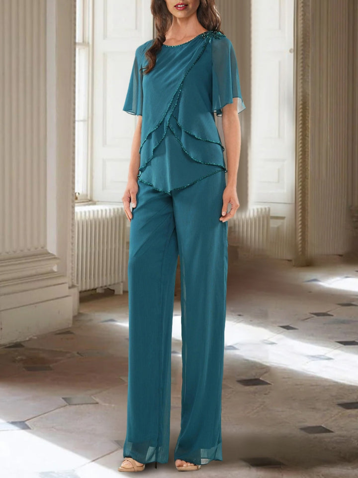 Ensemble pantalon mère de la mariée mousseline col rond, manches mi-longues, asymétrique, volants, longueur cheville