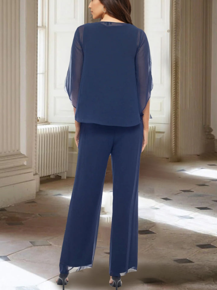 Ensemble pantalon mère de la mariée mousseline col V, manches 3/4, veste, longueur cheville