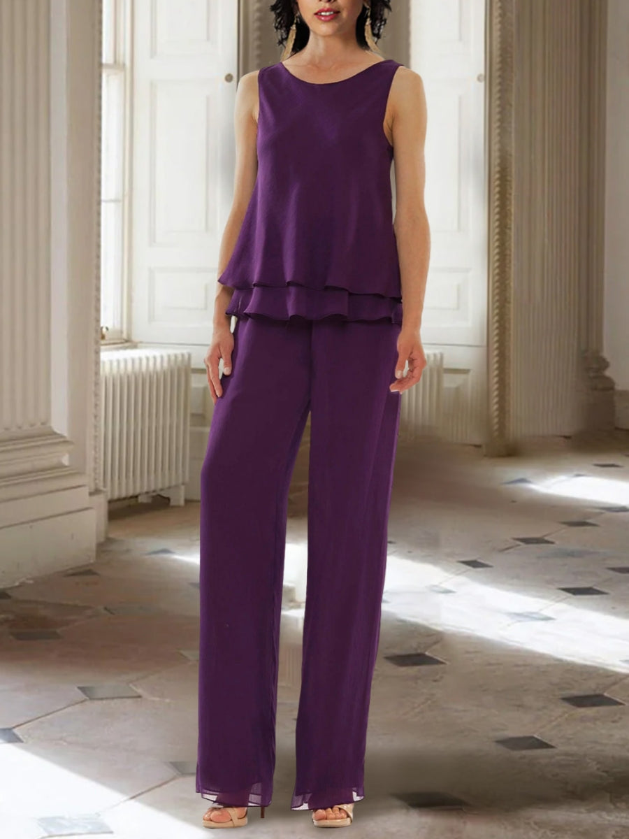 Ensemble pantalon mère de la mariée mousseline col rond, veste manches longues, longueur cheville