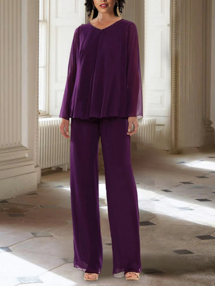 Ensemble pantalon mère de la mariée mousseline col rond, veste manches longues, longueur cheville
