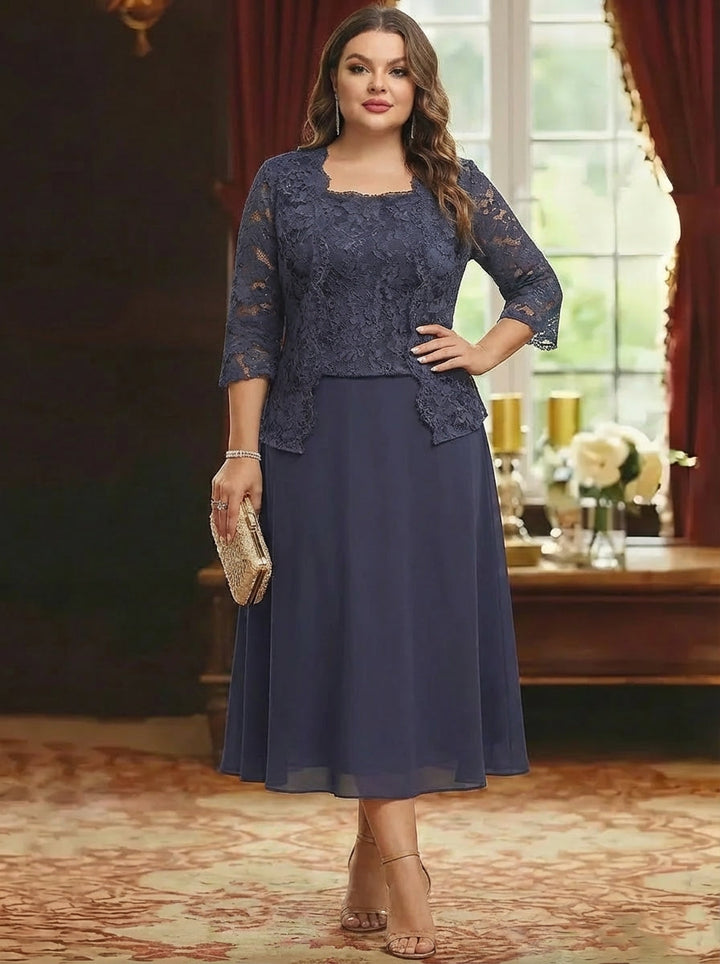 Ensemble 2 pièces mère de la mariée taille plus ligne A, manches mi-longues, longueur midi, veste en dentelle