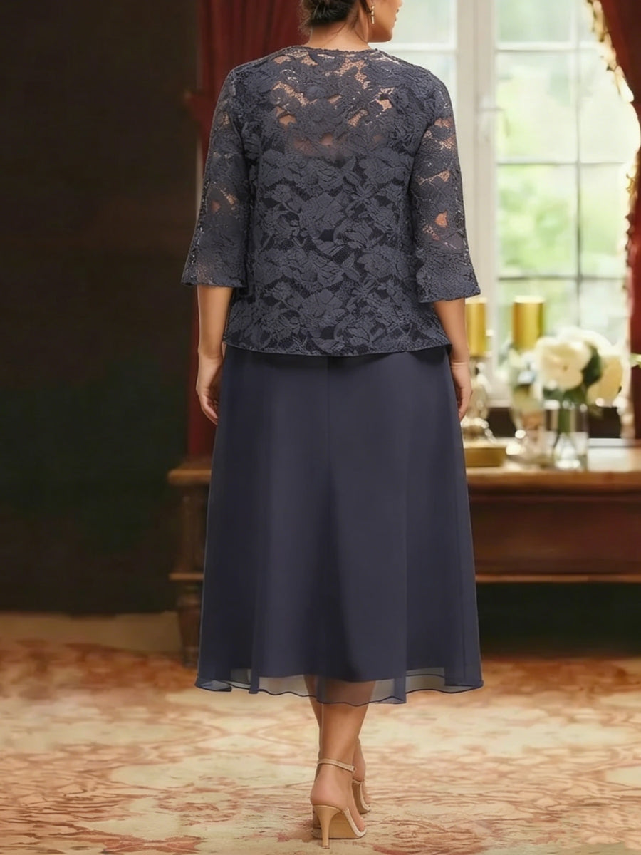 Ensemble 2 pièces mère de la mariée taille plus ligne A, manches mi-longues, longueur midi, veste en dentelle