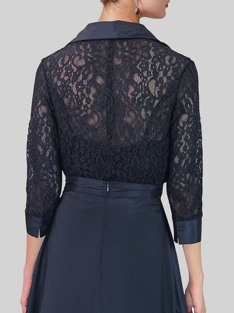 Combinaison tailleur-pantalon mère de la mariée, manches 3/4, col chemisier, dentelle, fronces, amovible