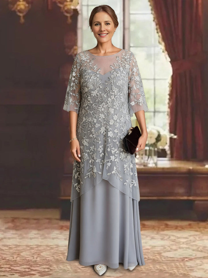 Robe mère de la mariée mousseline ligne A, manches mi-longues, longueur cheville, dentelle