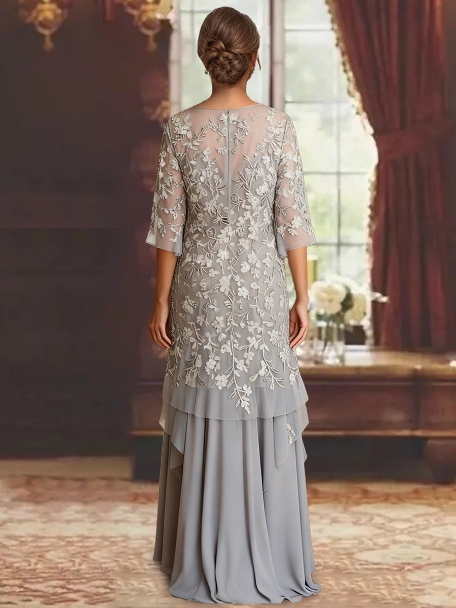 Robe mère de la mariée mousseline ligne A, manches mi-longues, longueur cheville, dentelle