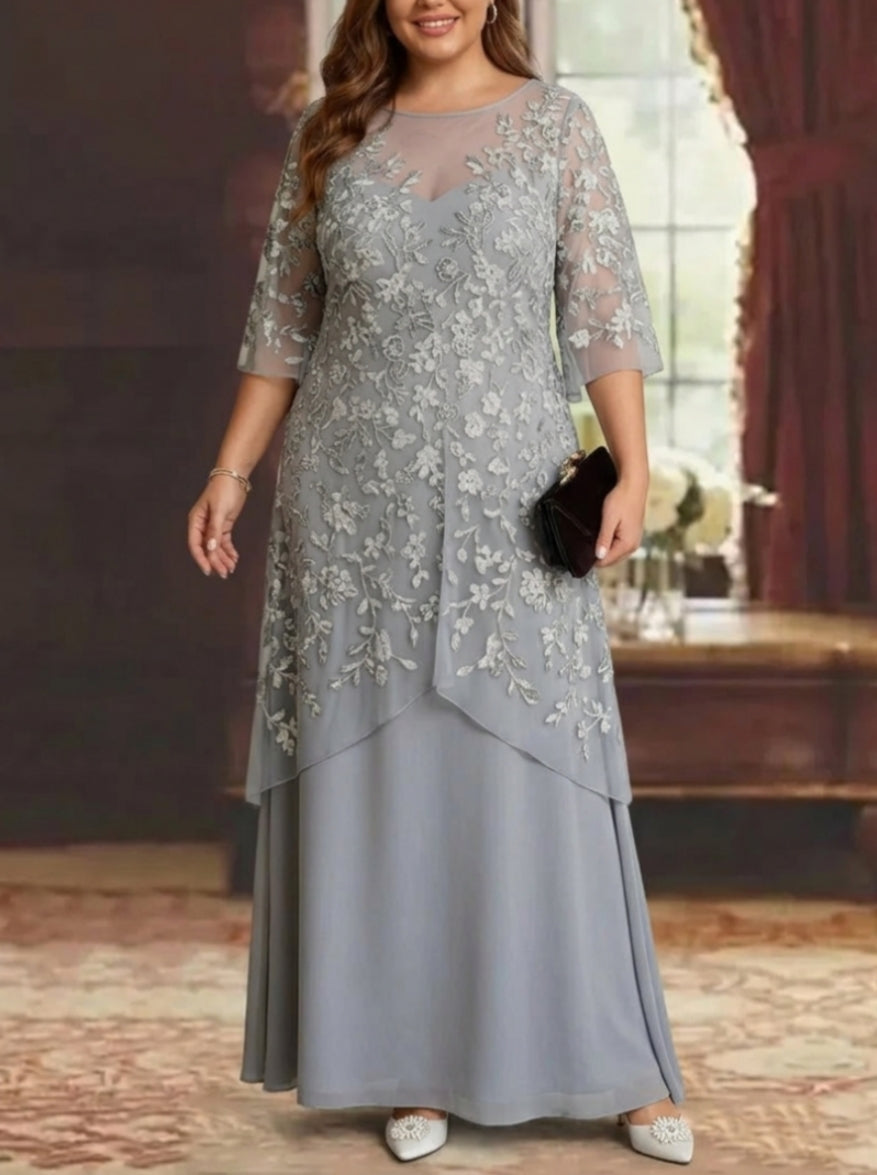 Robe mère de la mariée, Taille Plus, Ligne A/Princesse, Col Rond, Mousseline, Manches Mi-Longues, Longueur de la Cheville, Dentelle