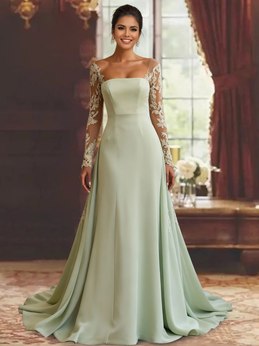 Robe mère de la mariée fourreau, manches longues, longueur sol, dentelle et appliques