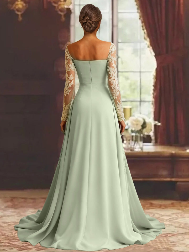 Robe mère de la mariée fourreau, manches longues, longueur sol, dentelle et appliques