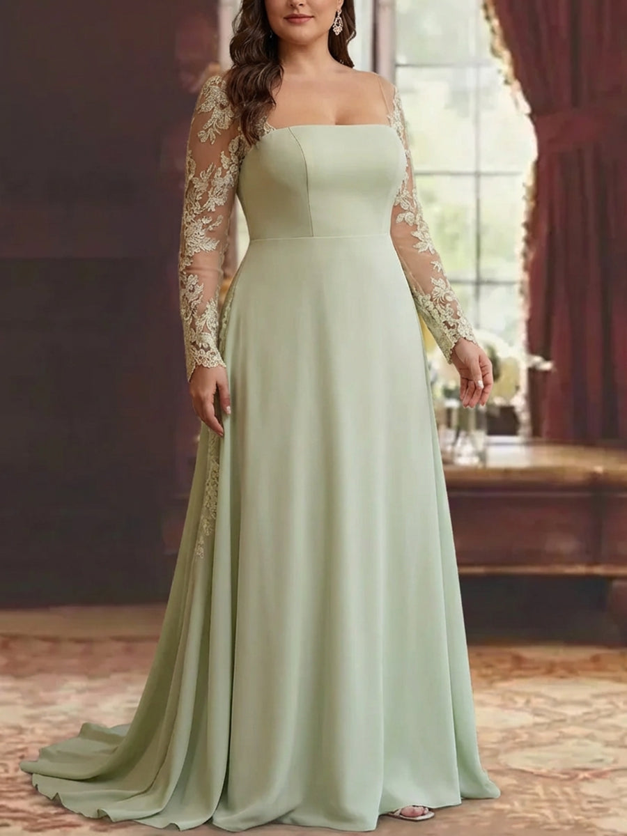 Robe mère de la mariée, taille plus, trompette/sirène, satin extensible, col carré, manches longues, longueur sol, appliques dentelle
