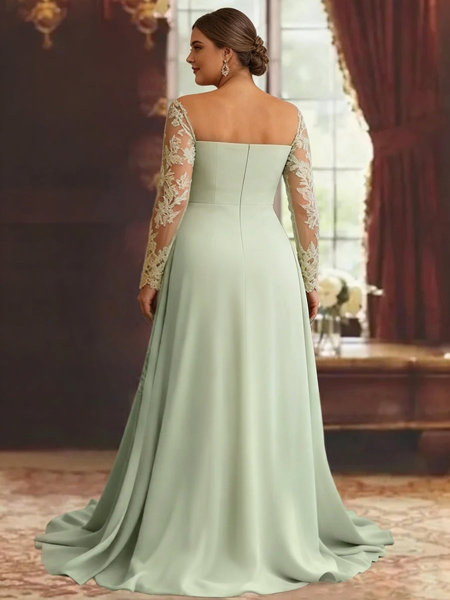 Robe mère de la mariée, taille plus, trompette/sirène, satin extensible, col carré, manches longues, longueur sol, appliques dentelle