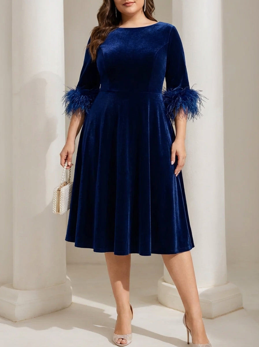 Robe mère de la mariée, taille plus, coupe A/ princesse, col rond, velours, manches mi-longues, Pruneetis