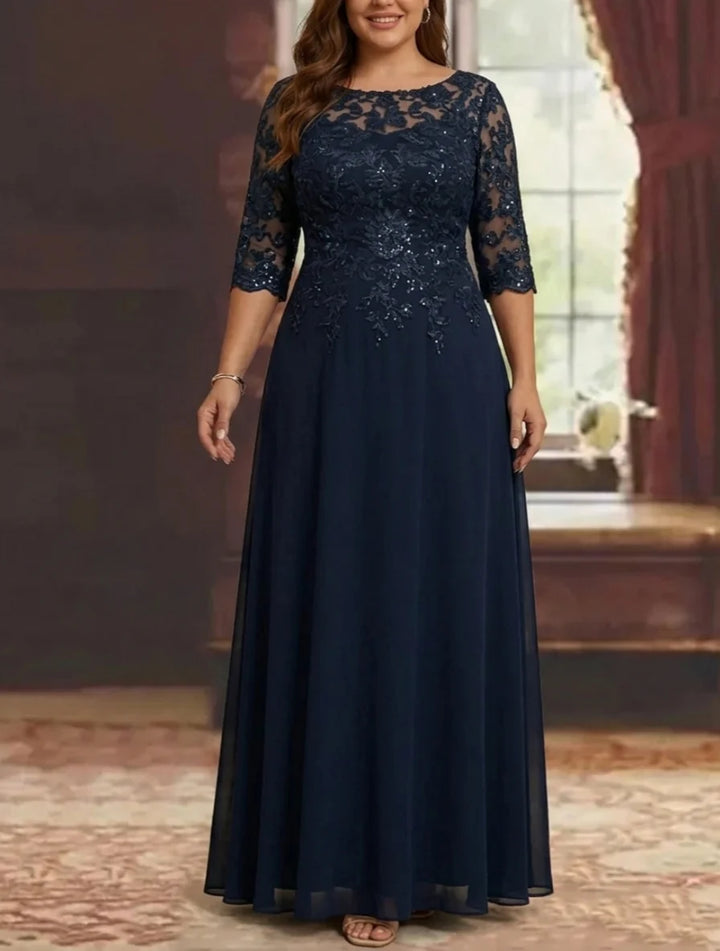 Robe Mère de la Mariée, Grande Taille, Ligne A/Princesse, Col Rond, Manches Mi-Longues, Longueur de la Cheville, Mousseline, en Dentelle