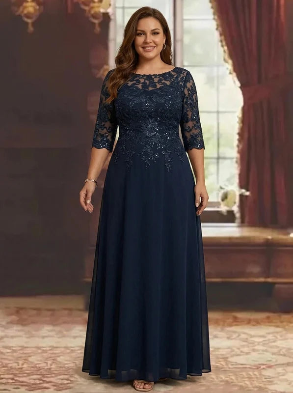 Robe Mère de la Mariée, Grande Taille, Ligne A/Princesse, Col Rond, Manches Mi-Longues, Longueur de la Cheville, Mousseline, en Dentelle
