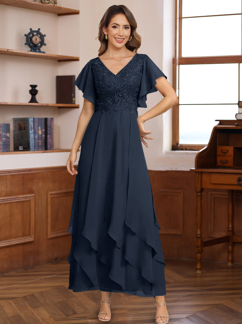 Robe ligne A/princesse, Col en V, pour mère de la mariée, longueur de la Cheville, manches courtes