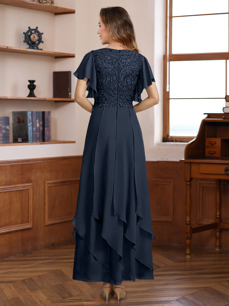 Robe ligne A/princesse, Col en V, pour mère de la mariée, longueur de la Cheville, manches courtes