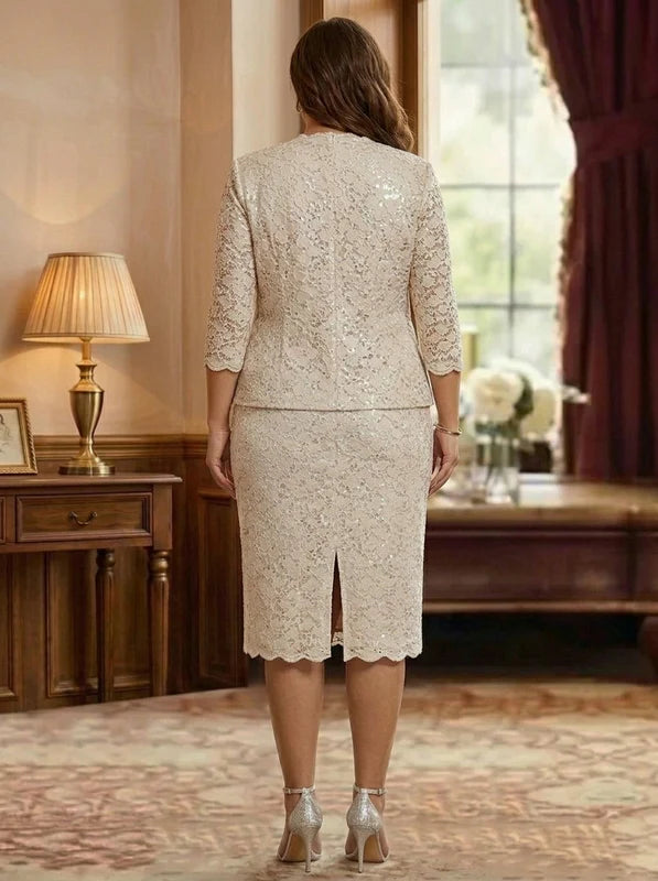 Robe Mère de la Mariée, Grande Taille, Gaine/Colonne, Col Rond, Manches 3/4, Longueur Genou, en Dentelle, avec Veste