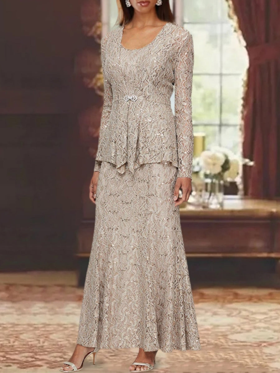 Ensemble dentelle mère de la mariée, robe ligne A col rond et veste longue, longueur cheville
