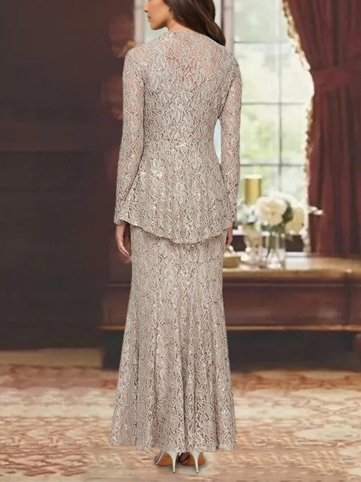 Ensemble dentelle mère de la mariée, robe ligne A col rond et veste longue, longueur cheville