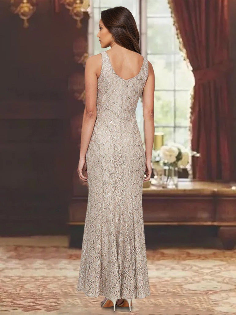 Ensemble dentelle mère de la mariée, robe ligne A col rond et veste longue, longueur cheville