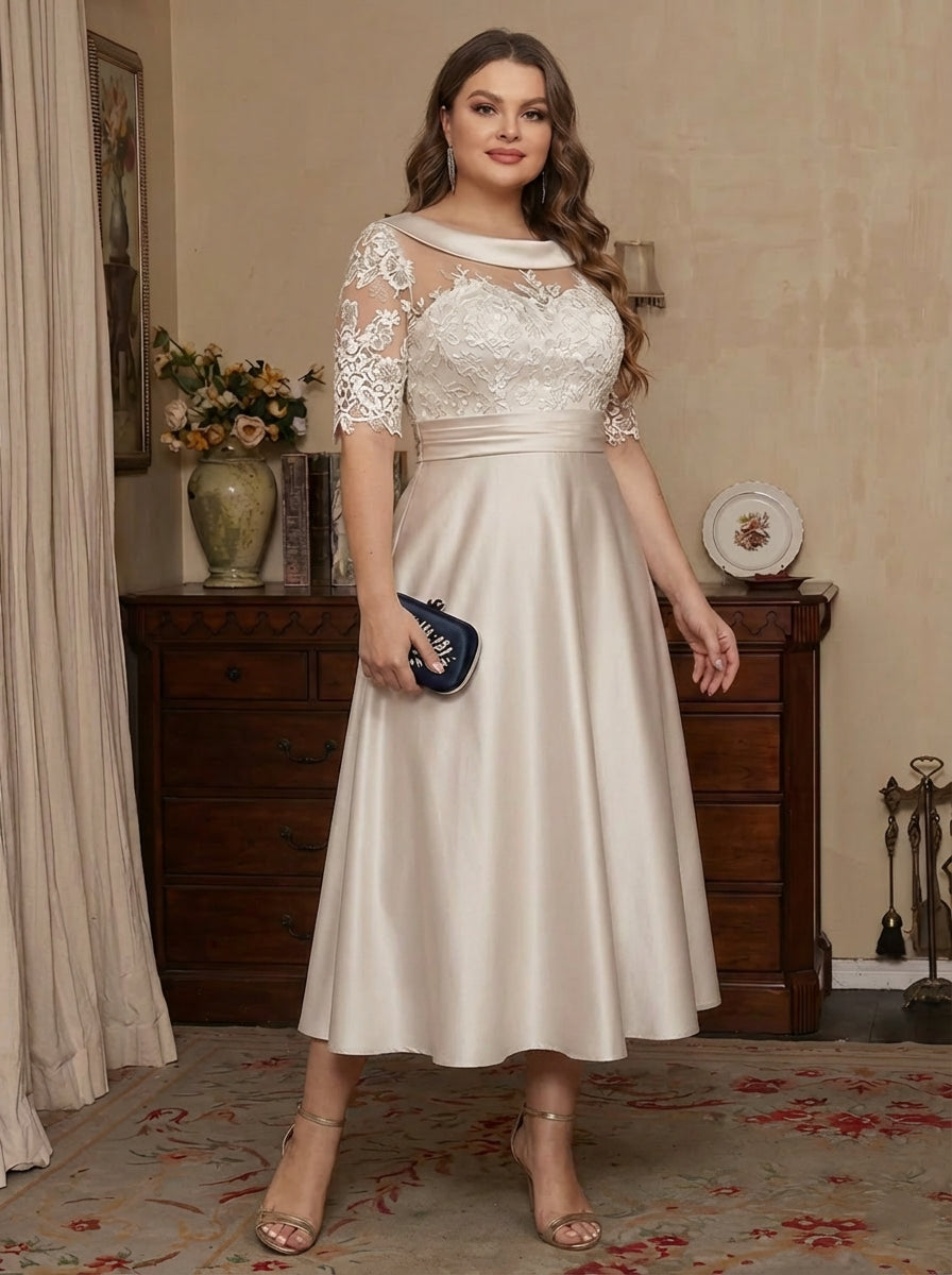 Robe mère de la mariée taille plus ligne A, satin col rond, dentelle, manches mi-longues, longueur midi