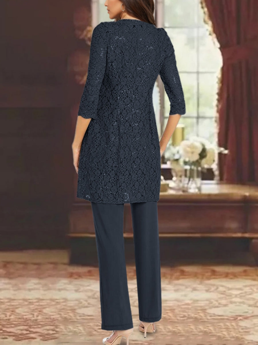 Ensemble pantalon 3 pièces mère de la mariée mousseline col ras du cou, veste dentelle, manches mi-longues, longueur cheville
