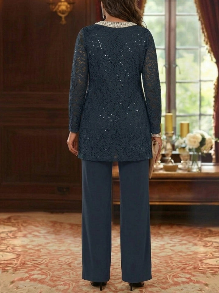 Robe Mère de la Mariée, Grande Taille, 3 Pièces, Tailleur-Pantalon, Col Rond Bijou, Manches Mi-Longues, Longueur de la Cheville, Mousseline, Dentelle