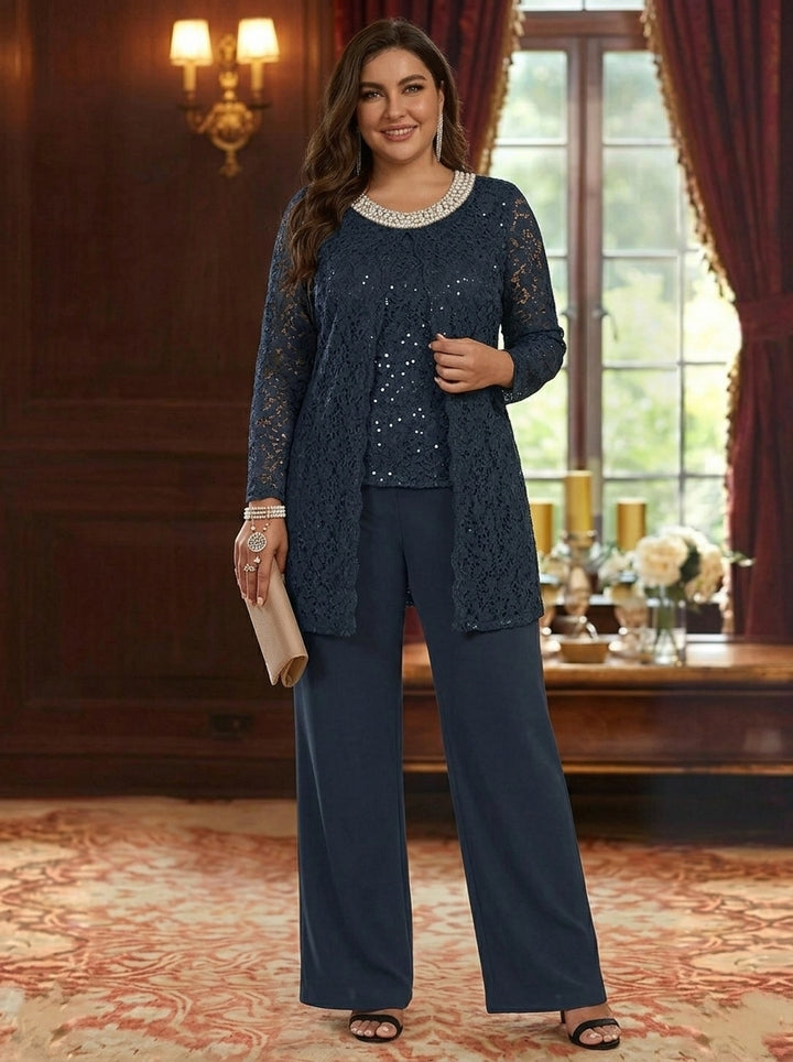 Robe Mère de la Mariée, Grande Taille, 3 Pièces, Tailleur-Pantalon, Col Rond Bijou, Manches Mi-Longues, Longueur de la Cheville, Mousseline, Dentelle