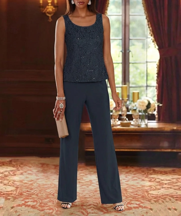 Ensemble pantalon 3 pièces mère de la mariée mousseline col ras du cou, veste dentelle, manches mi-longues, longueur cheville