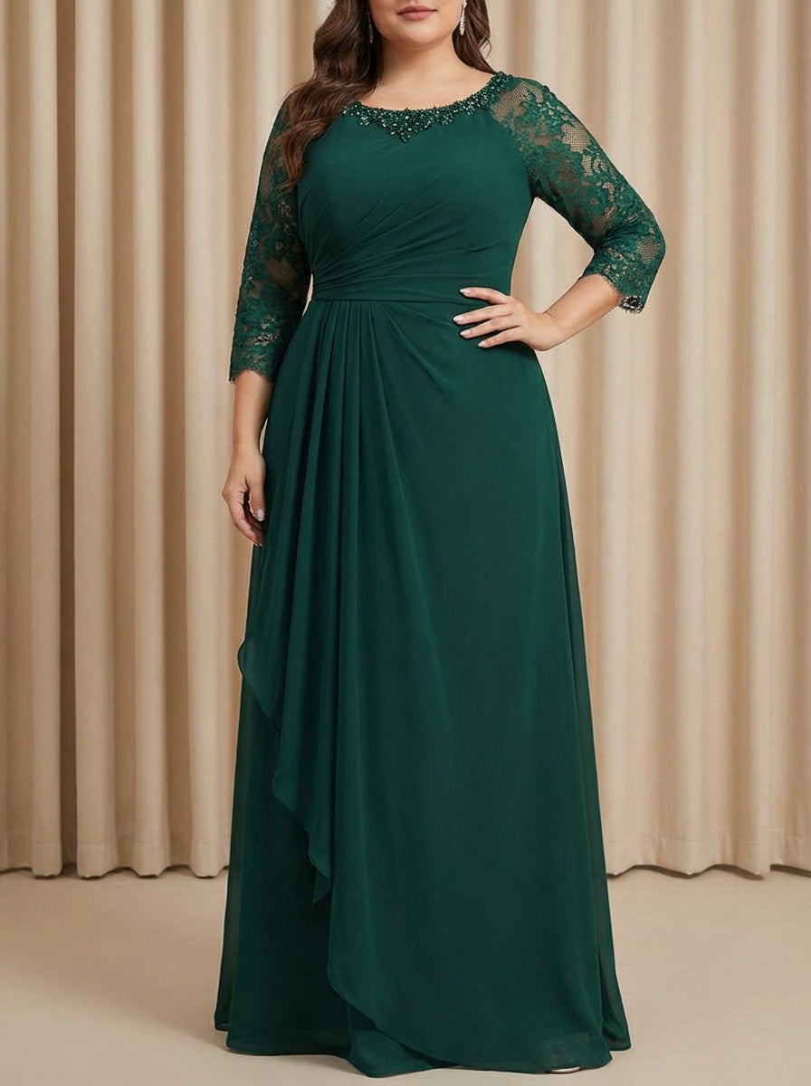 Robe mère de la mariée, taille plus, coupe A/ princesse, col rond, longueur sol, volants, dentelle, manches 3/4