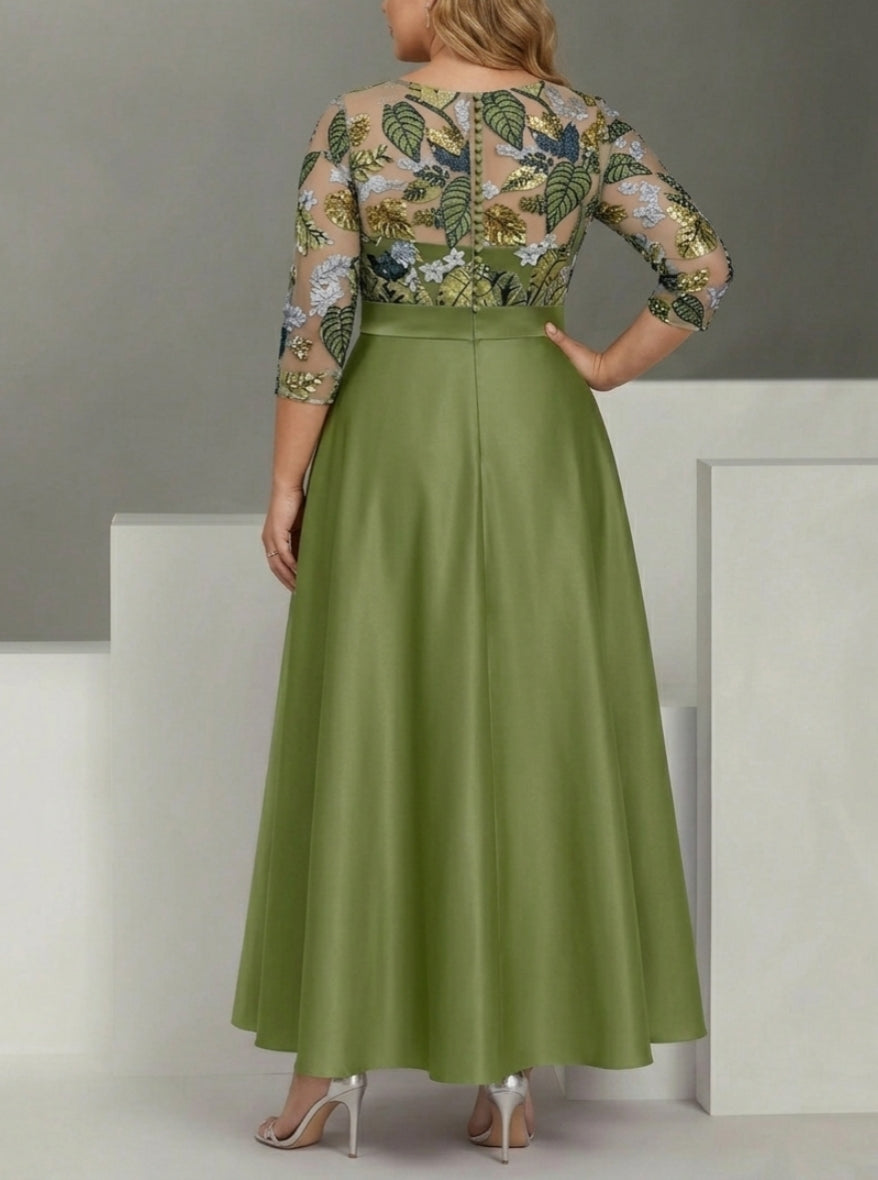 Robe mère de la mariée, Taille Plus, Ligne A/Princesse, Col Rond, Satin, Manches 3/4, Longueur de la Cheville, Paillettes
