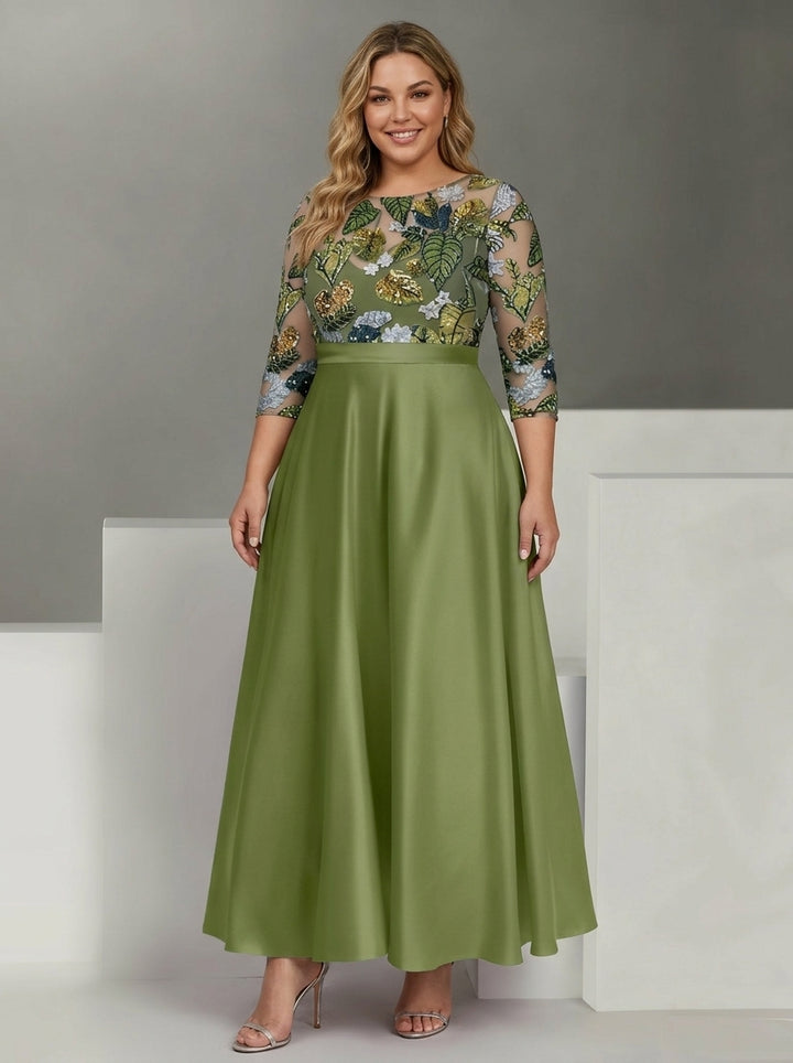 Robe mère de la mariée, Taille Plus, Ligne A/Princesse, Col Rond, Satin, Manches 3/4, Longueur de la Cheville, Paillettes