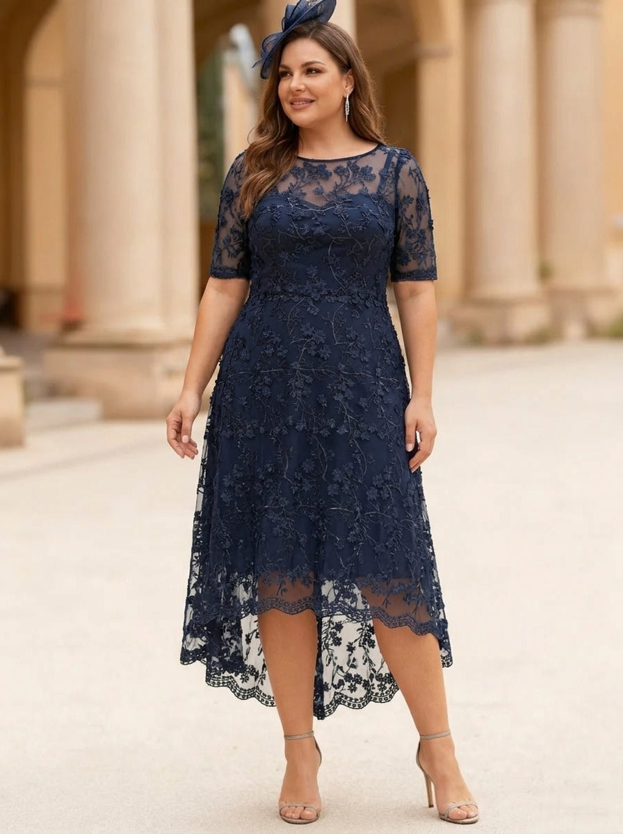 Robe mère de la mariée, Taille Plus, Ligne A/Princesse, Col Rond, Dentelle, Manches Mi-Longues, Longueur du Thé