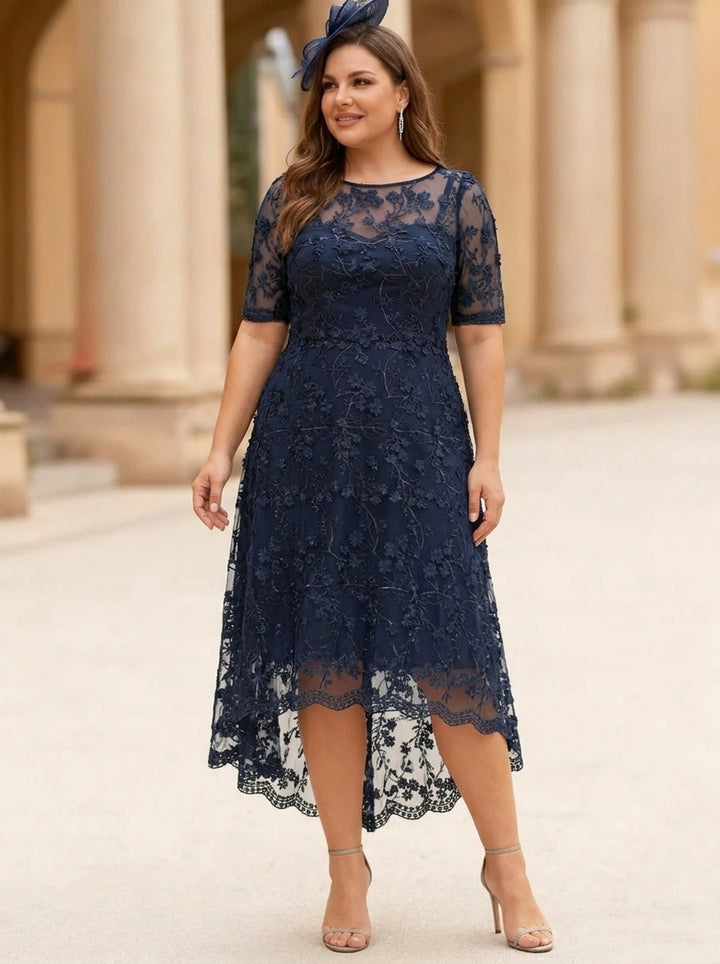 Robe mère de la mariée, Taille Plus, Ligne A/Princesse, Col Rond, Dentelle, Manches Mi-Longues, Longueur du Thé