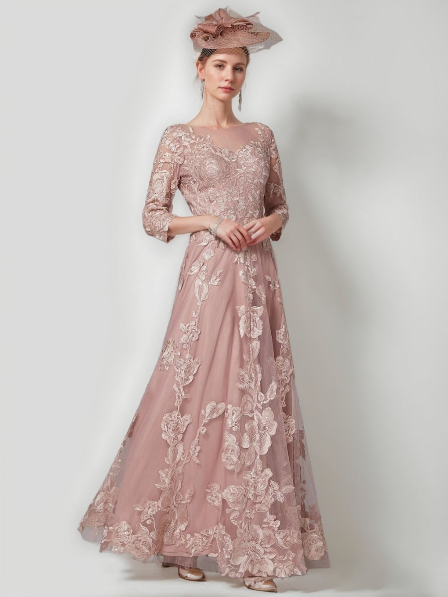 Robe mère de la mariée ligne A col rond dentelle manches 3/4, longueur sol