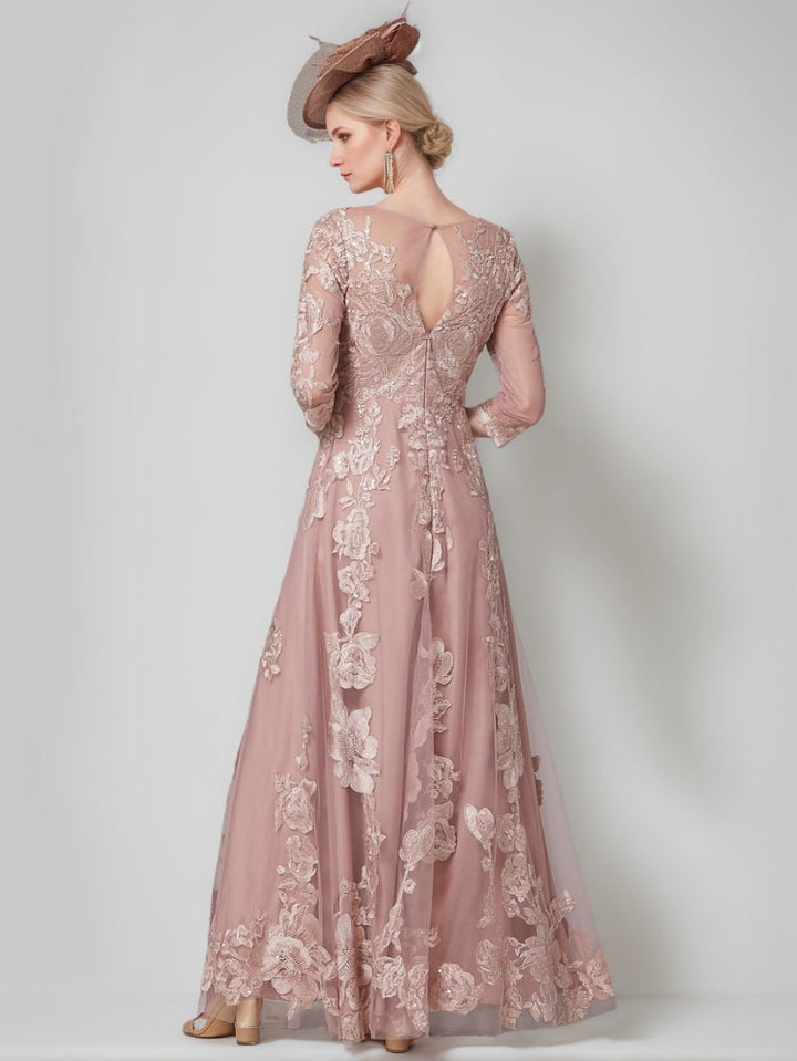 Robe mère de la mariée ligne A col rond dentelle manches 3/4, longueur sol