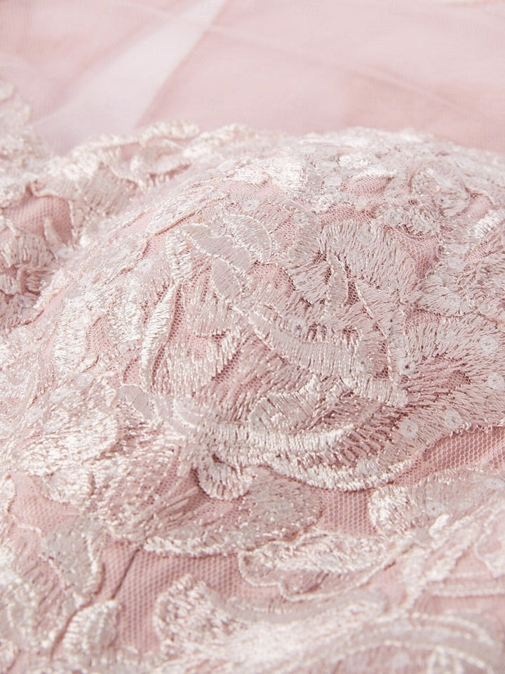 Robe mère de la mariée ligne A col rond dentelle manches 3/4, longueur sol