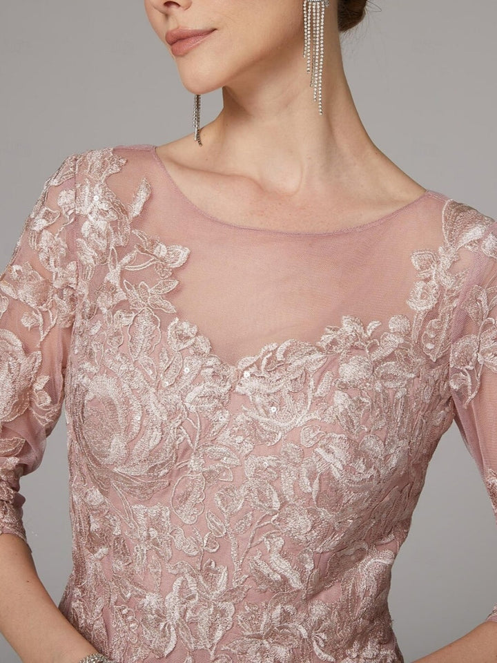 Robe mère de la mariée ligne A col rond dentelle manches 3/4, longueur sol