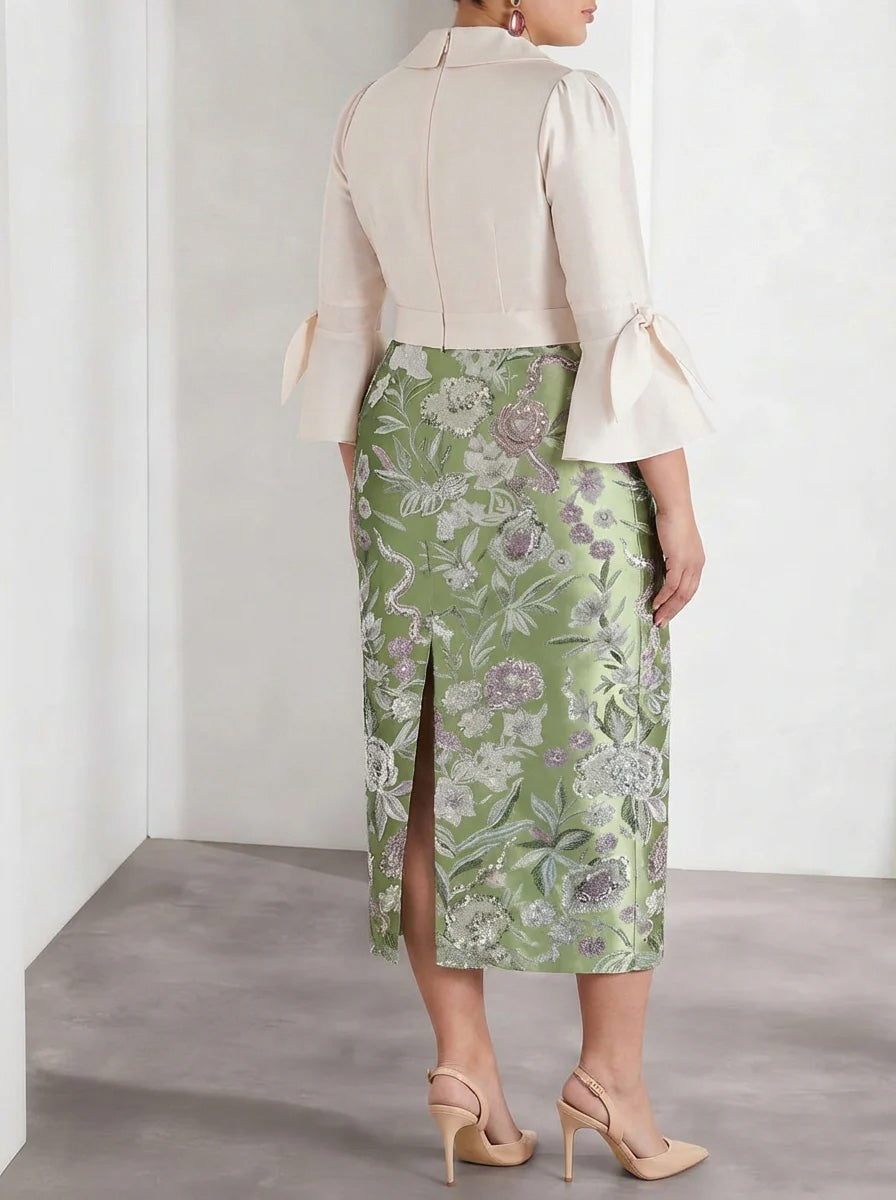 Robe cocktail mère de la mariée, taille plus, fourreau/colonne, col V, satin, manches 3/4, col chemise, fleuri, longueur thé