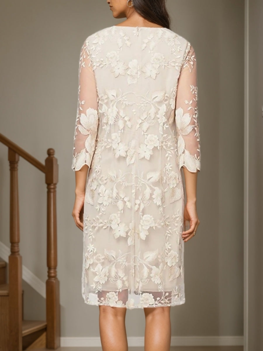 Ensemble 2 pièces mère de la mariée fourreau mousseline, col rond, manches 3/4, genou, dentelle