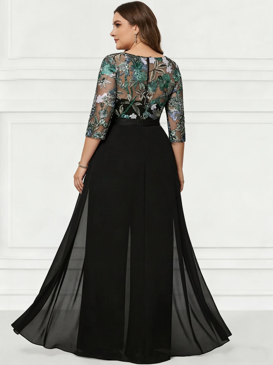 Combinaison pantalon mère de la mariée taille plus, mousseline col rond, manches 3/4, longueur sol, imprimé floral, sequins
