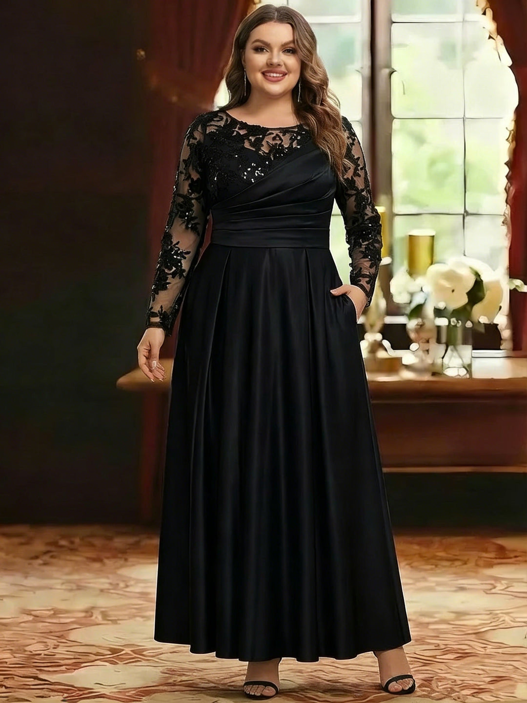 Robe mère de la mariée taille plus ligne A, satin col rond, dentelle, drapé, manches longues, longueur cheville