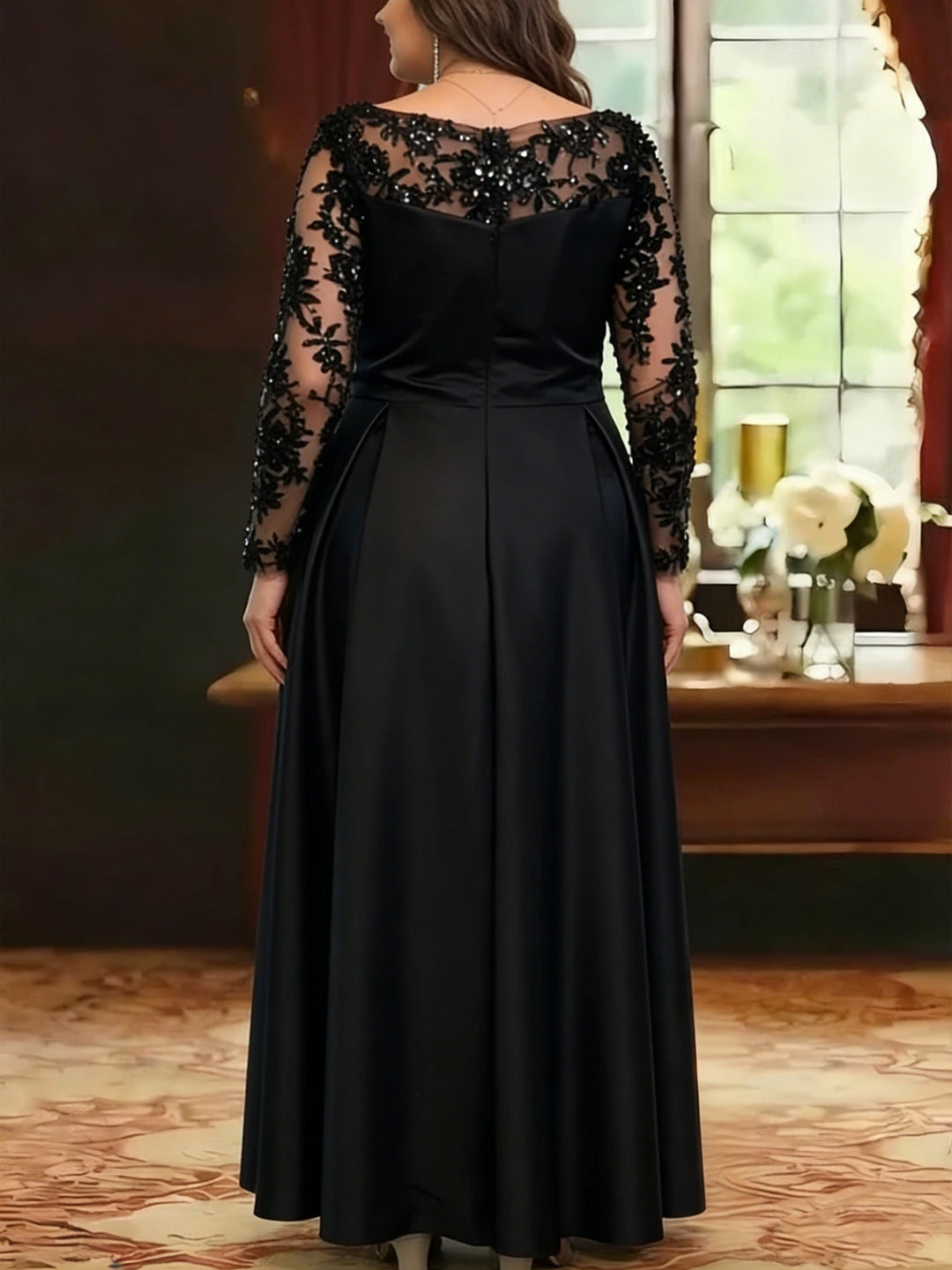 Robe mère de la mariée taille plus ligne A, satin col rond, dentelle, drapé, manches longues, longueur cheville