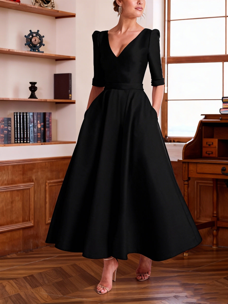 Robe Mère de la Mariée, Ligne A/Princesse, Col en V, Satin, Manches Mi-Longues, Longueur de la Cheville, Plissée
