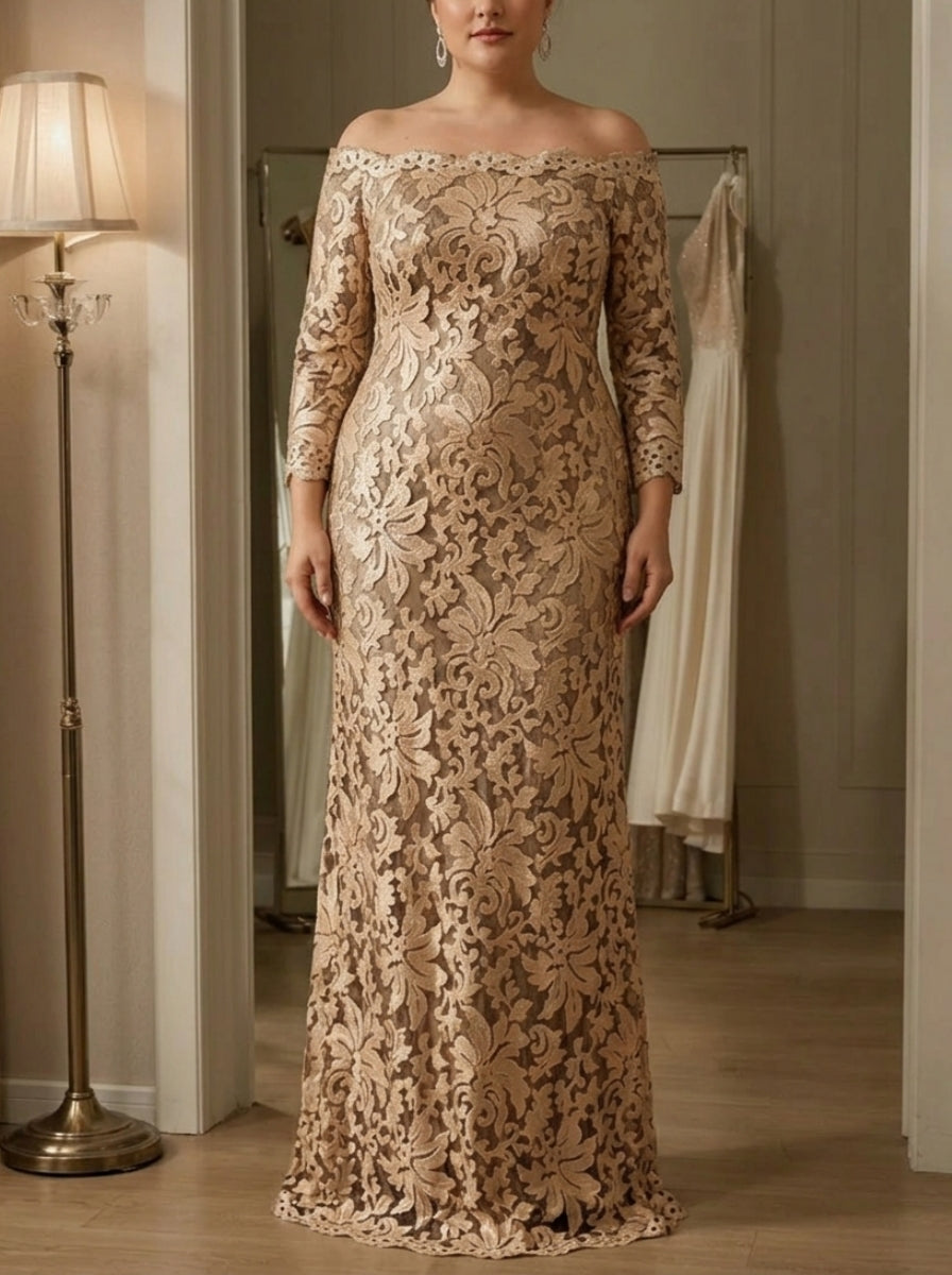 Robe mère de la mariée, Taille Plus, Gaine/Colonne, Hors de l'épaule, Dentelle, Manches 3/4, Longueur au Sol
